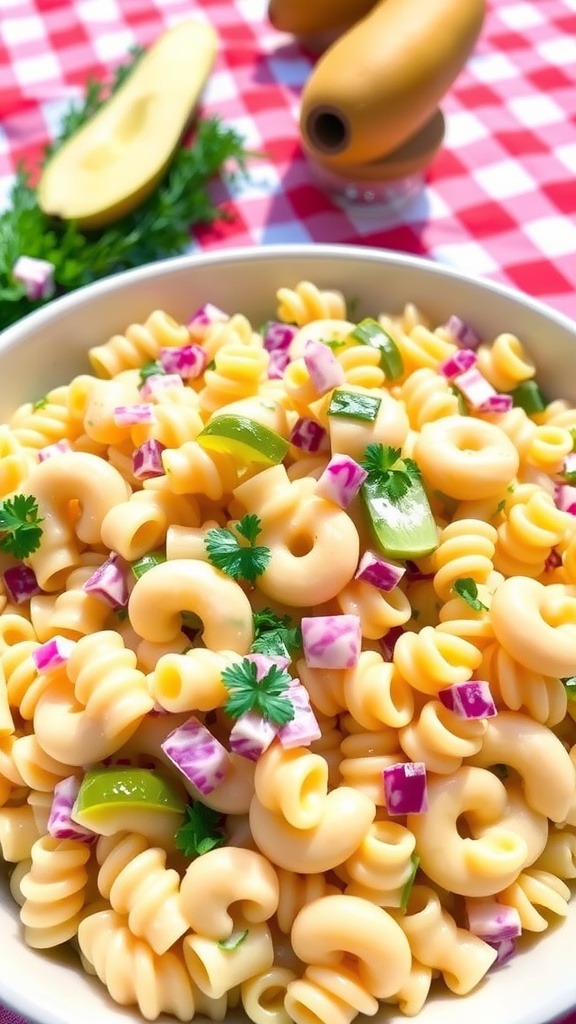 Creamy Dill Pickle Pasta Salad Recipe A bowl of creamy dill pickle pasta salad with rotini, pickles, and red onions, garnished with parsley on a picnic table.